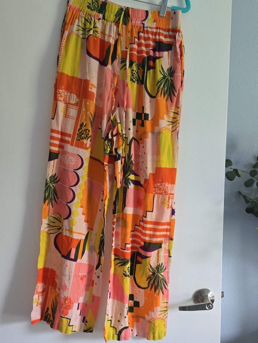 Haute Hippie Pink, Orange & Yellow Abstract Print Wide-Leg Pants SZ S